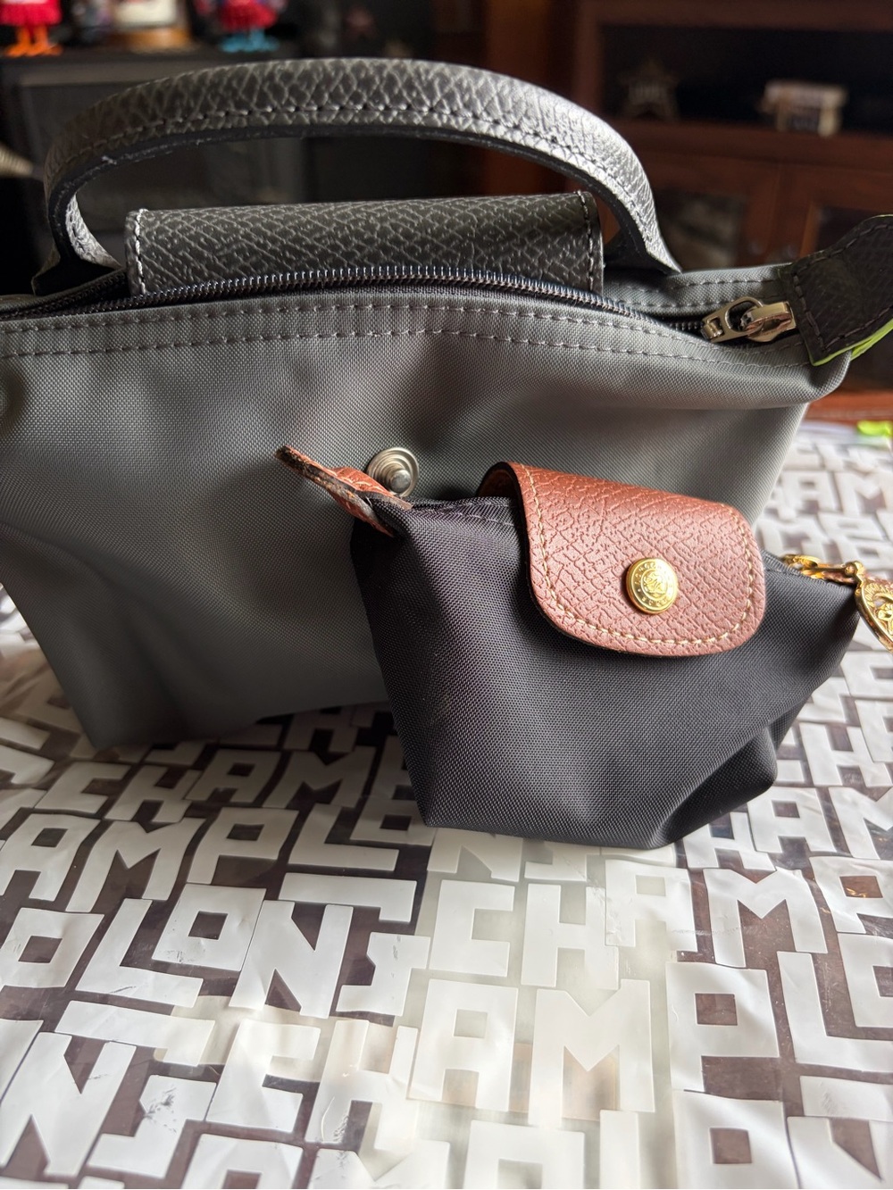 Longchamp Black Nylon Mini coin  Pouch and Grey Makeup case set